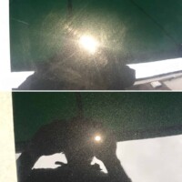 Before and after close-up of a car's surface undergoing paint correction and ceramic coating for a swirl free finish. Before and after close-up of a car's surface undergoing paint correction and ceramic coating for a swirl free finish.