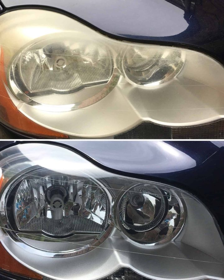 Before and after of a headlight restoration service in Chester, improving night driving clarity and appearance of vehicle the headlights to enhance visibility and vehicle aesthetics. Avoid getting an MOT failure