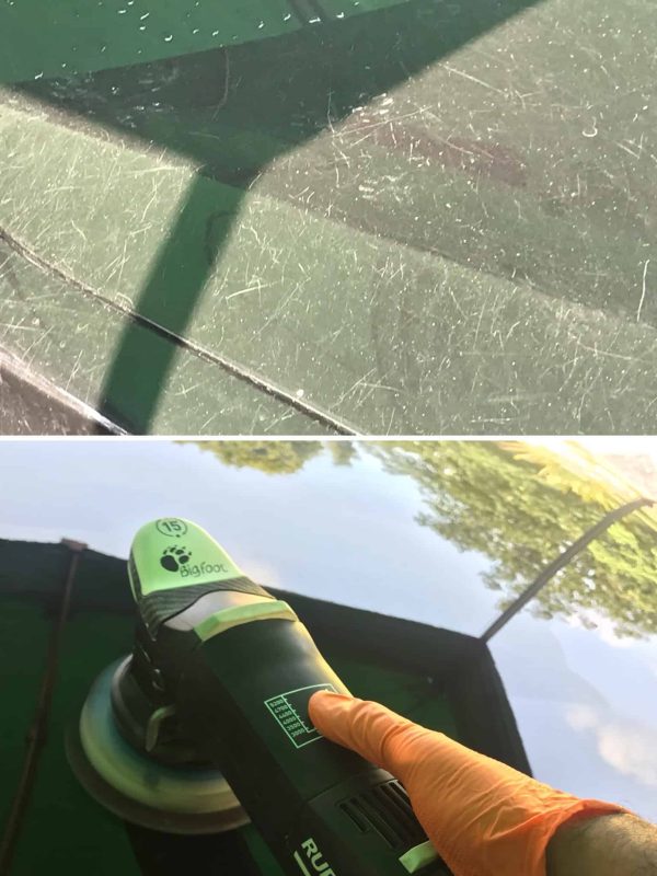 Close-up of a scratched car surface being polished for paint correction.