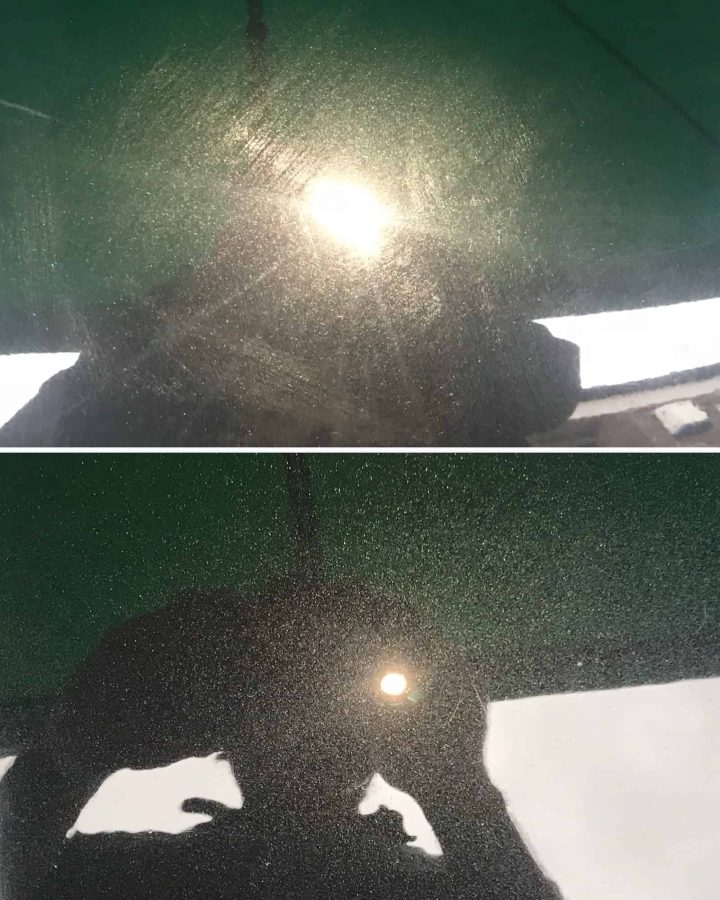 Before and after close-up of a car's surface undergoing paint correction and ceramic coating for a swirl free finish.