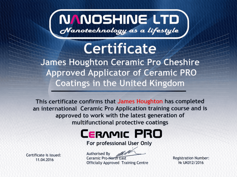 Ceramic Pro approved applicator certificate issued to James Houghton, Jay's Auto Detailing, Cheshire